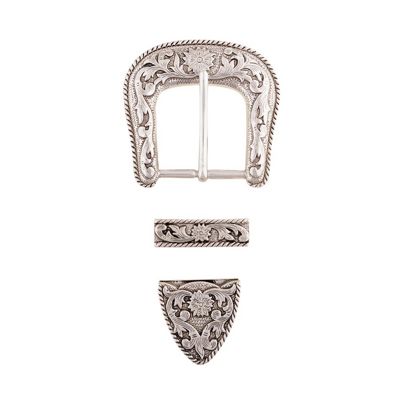 Western Antiqued Floral Buckle, Loop & Tip Set