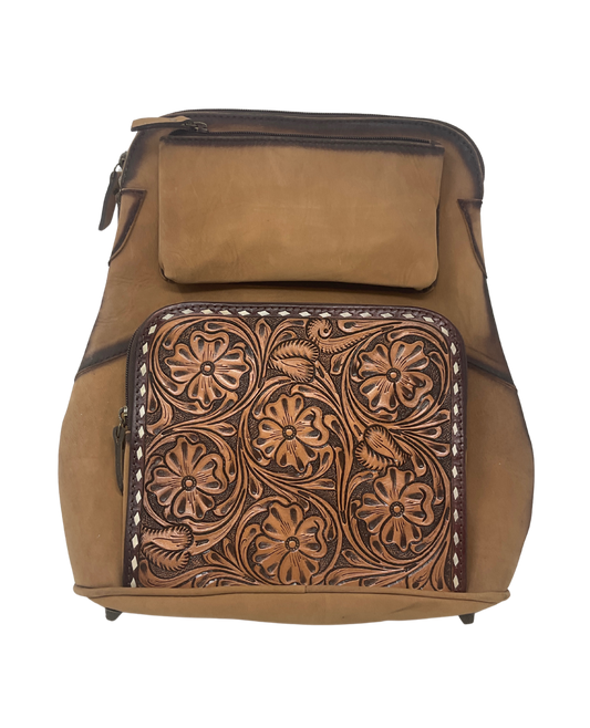 Leather w/Floral Carving Backpack