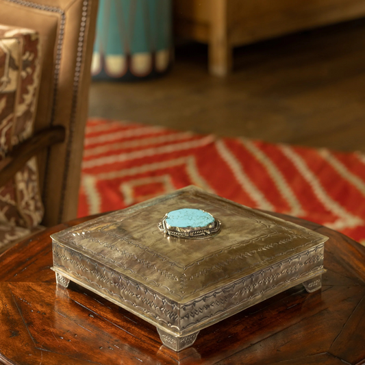 Stamped Large Square Box with Turquoise Stone