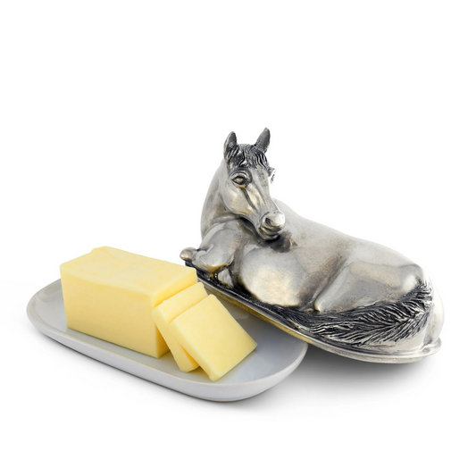 Covered Butter Dish with Pewter Horse