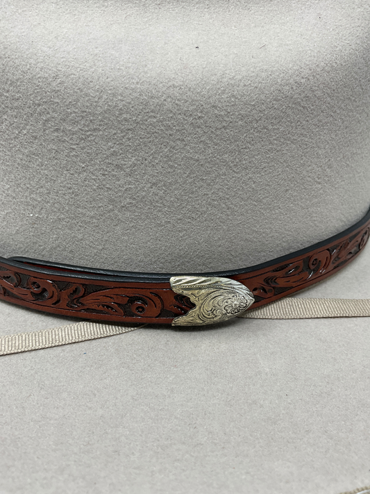 Floral Carved Leather Hat Band w/Tip Clip