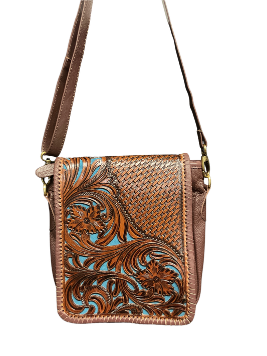 Dark Leather Purse w/Floral Filigree & Blue Background