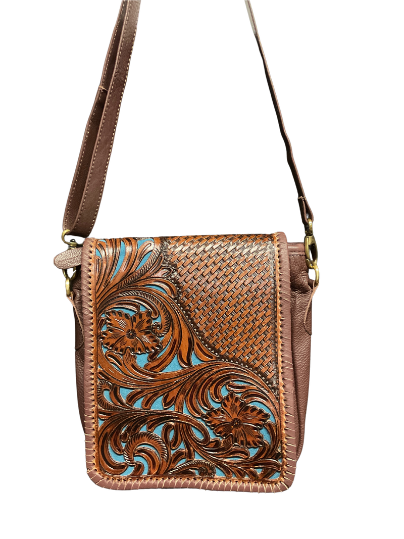 Dark Leather Purse w/Floral Filigree & Blue Background