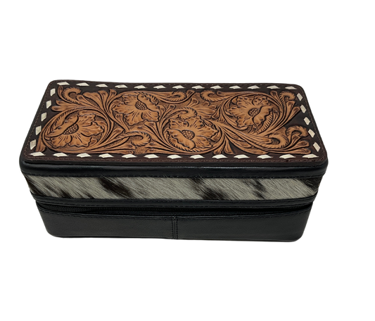 Tooled Leather w/Cowhide Rectangle Jewelry Case