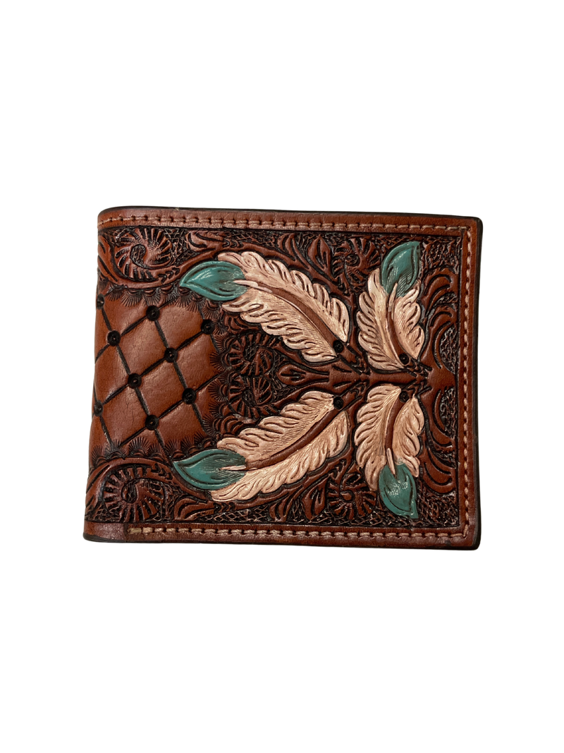 Bifold Chestnut Wallet w/Hand Painted Feathers