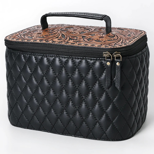 Quilted Leather w/Floral Carving Jewelry Case