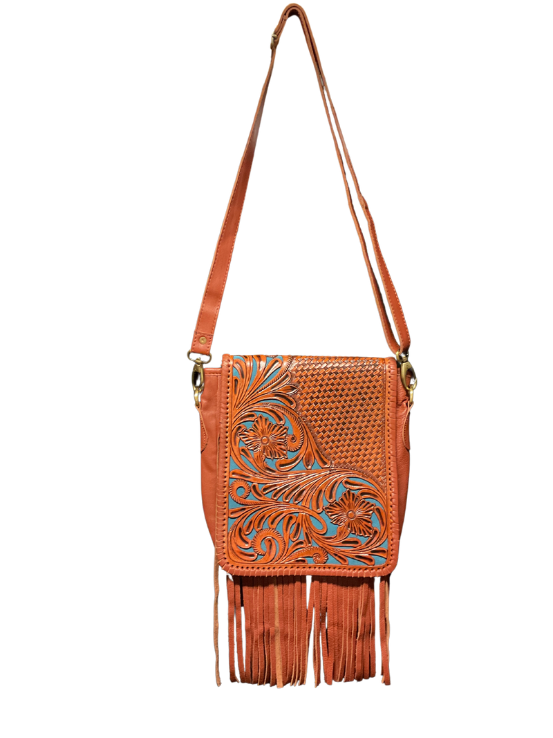 Light Leather Purse w/Floral Filigree & Blue Background