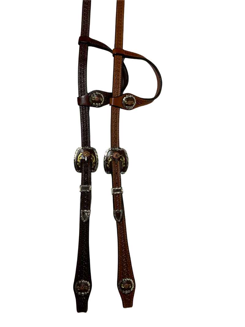 Single Ear Basket Stamped Rust California Double Buckles & Conchos