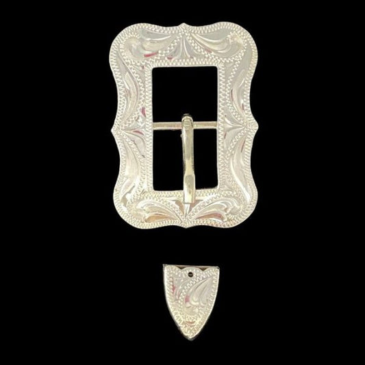 Scalloped Center Bar Buckle Set- Silver Plate