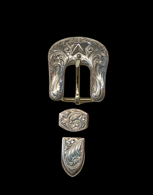 Hansen Sterling Silver 1" Belt Buckle Set with Texas Star
