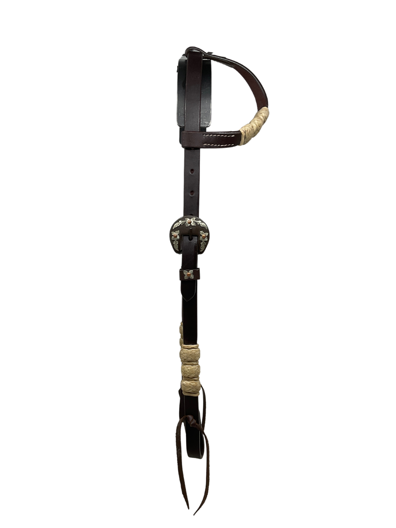 Single Ear Leather w/Rawhide & Floral Buckle