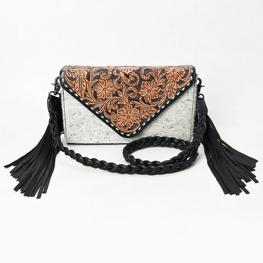Floral Carved Leather & Cowhide Purse