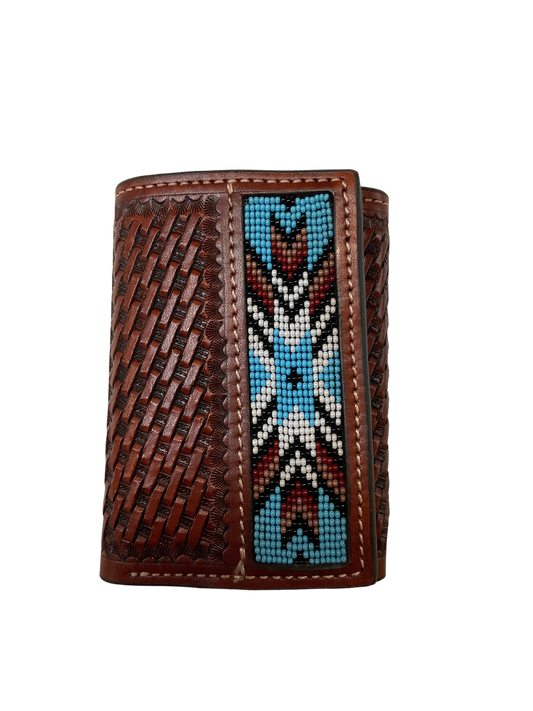 Trifold Basket Stamped Wallet w/Beaded Inlay
