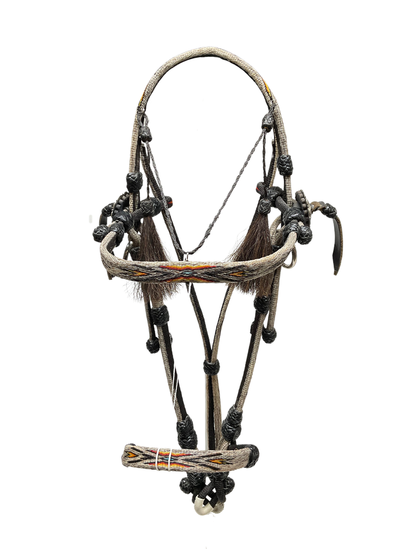Hitched Horsehair Headstall w/Roping Reins & Leather Buttons