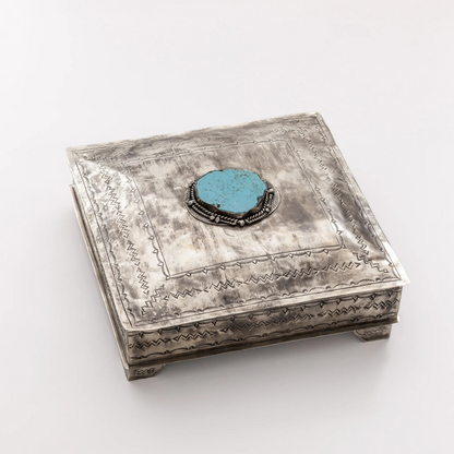 Stamped Large Square Box with Turquoise Stone