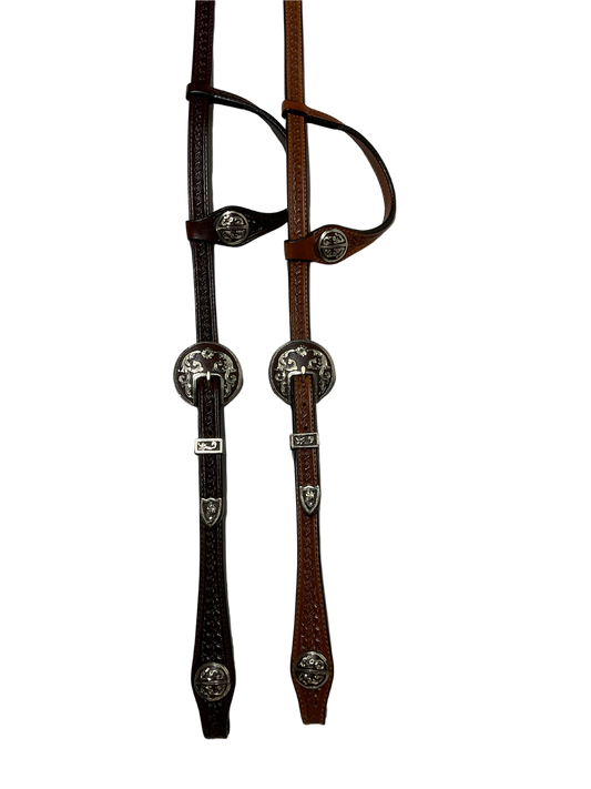 Single Ear Basket Stamped Rust Santa Maria Double Buckles & Conchos