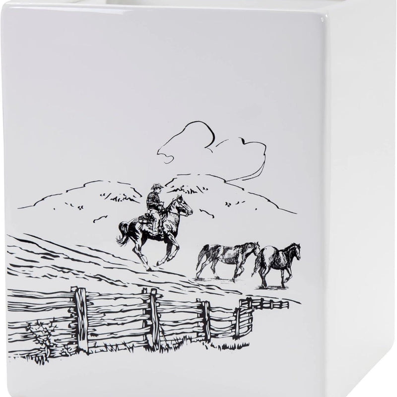 Ranch Life Ceramic Waste Basket with Black and White Cowboy Horse Print