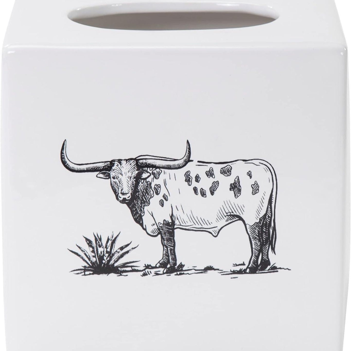 Ranch Life Ceramic Tissue Box Cover w/Black & White Longhorn Print