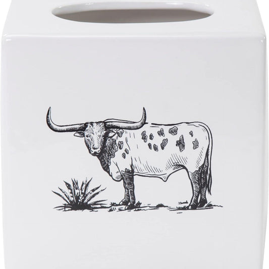 Ranch Life Ceramic Tissue Box Cover w/Black & White Longhorn Print