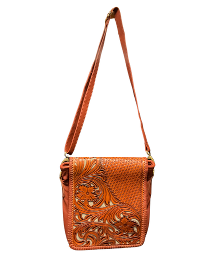 Light Leather Purse w/Floral Filigree & Blue Background