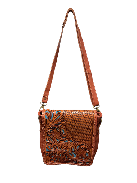 Light Leather Purse w/Floral Filigree & Blue Background