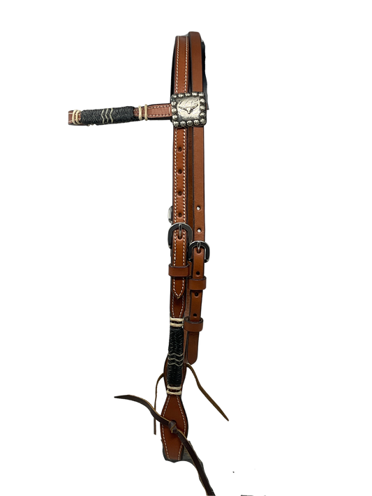 Browband w/Black Rawhide & Longhorn Conchos